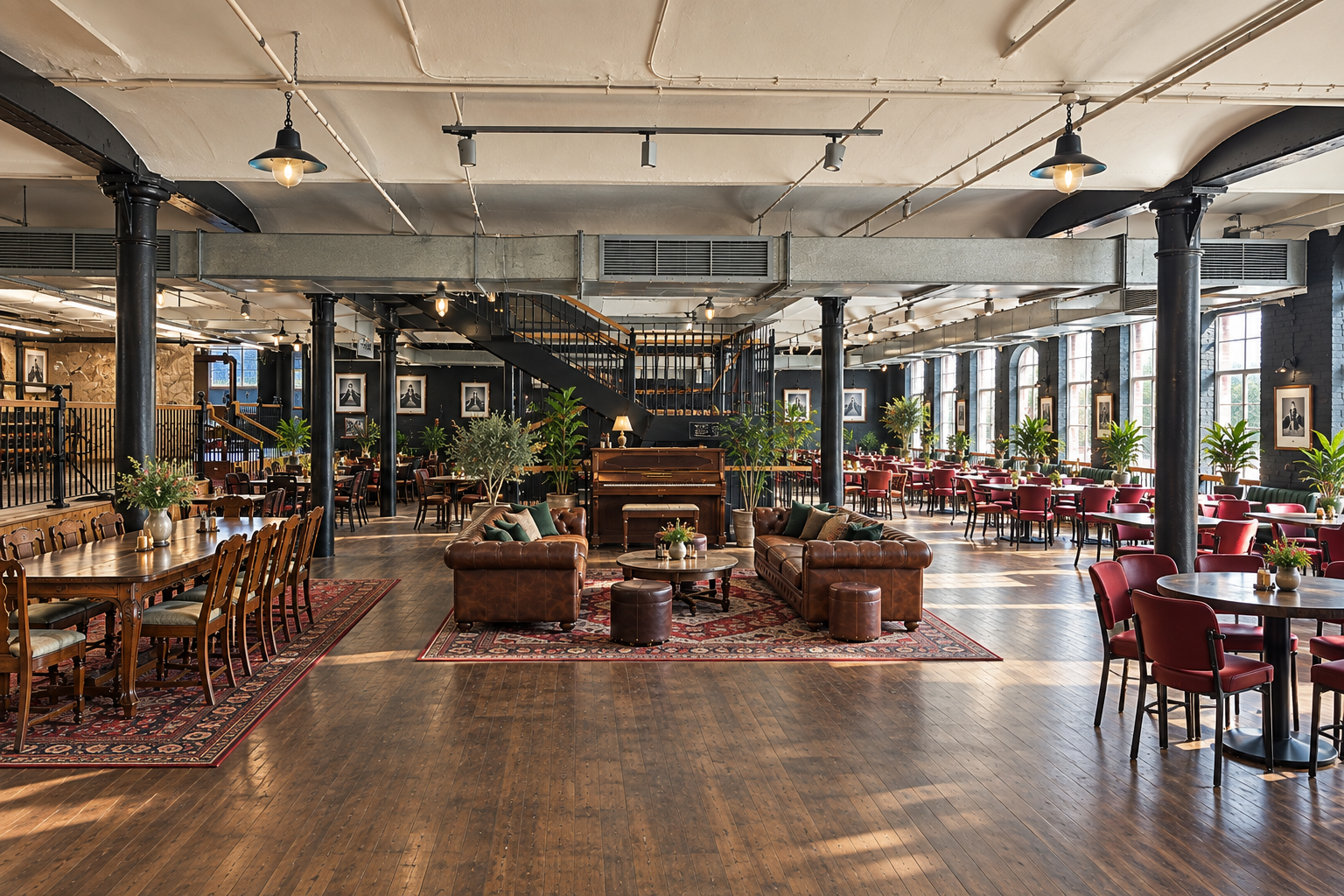 Frank's on the ground floor of Masson Mills: cast iron columns, timber floors, leather sofas and tall windows