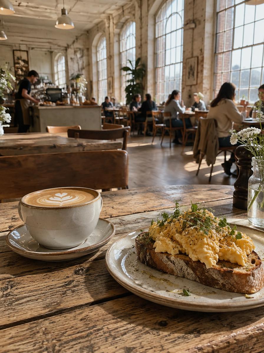 Coffee and eggs on sourdough on a timber table by the mill windows