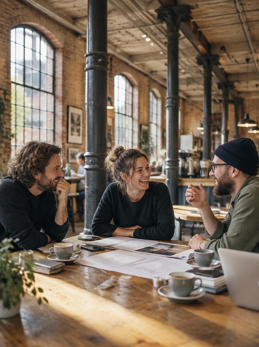 Three people talking over drawings and coffee at a long table